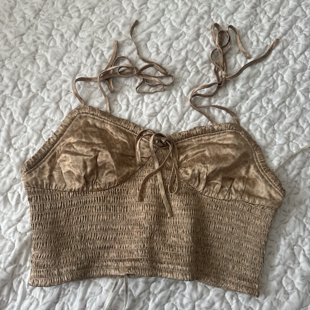 Forever 21 Taupe Smocked Tie-Shoulder Crop Top